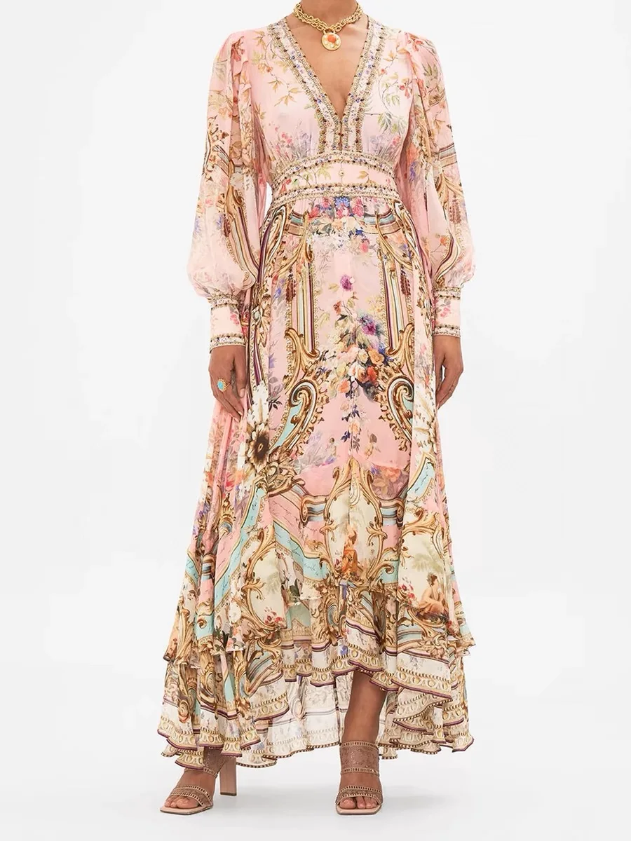 Heavy Beaded Women's Silk Multi-layer Pink Robe Flower Printed V-Neck High Waist Long Sleeve Elegant Female Maxi Dress