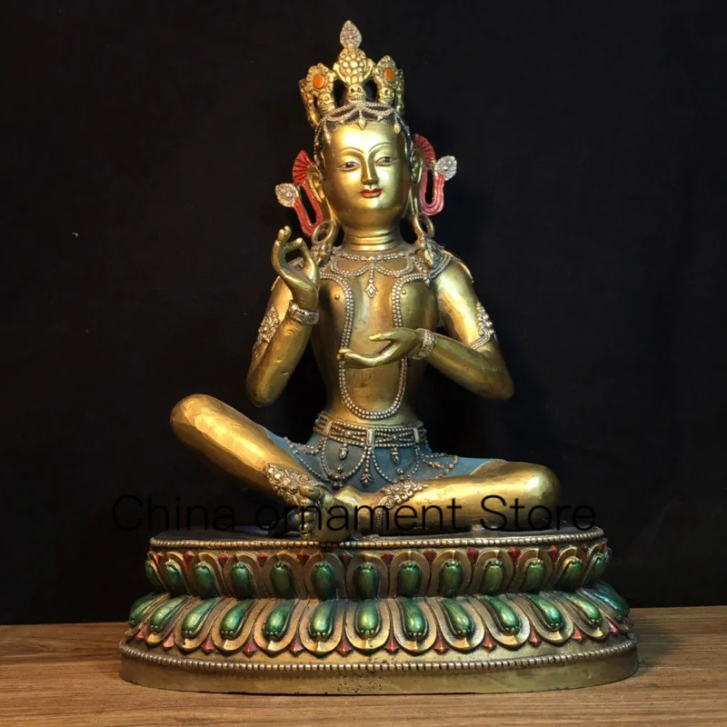 

39.5cm Tibetan Pure Copper Colored Green Tara Sitting Guanyin Bodhisattva Ornament