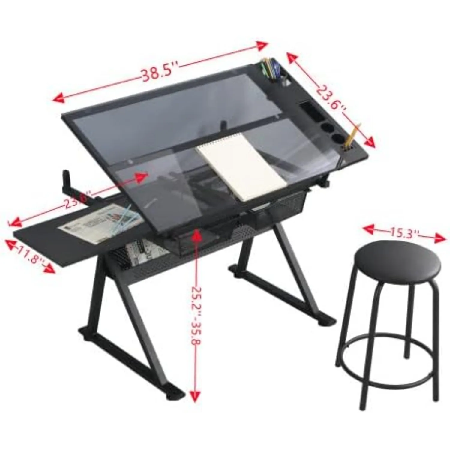 Glass Drafting Table Art Desk – Adjustable Professhional Artwork Drawing Drafting Table Desk, Glass-Topped Art Table
