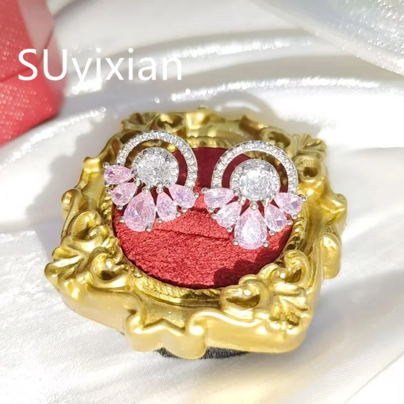 925 Sterling Silber Stilvolle Süße Rosa Zirkon Blumen-Ohrstecker Geburtstags- und Jubiläumsgeschenk
