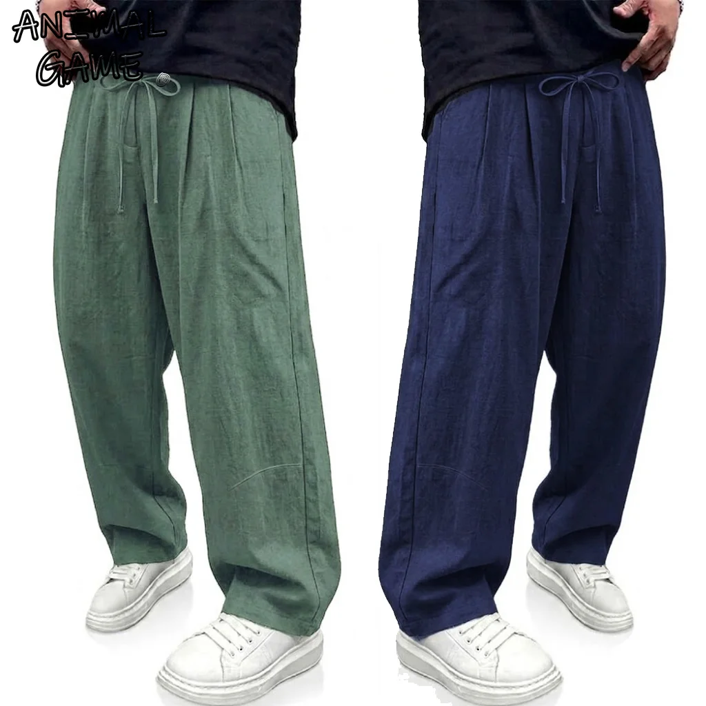 Solid Color Cotton Linen Mens Pants Casual Breathable Streetwear Autumn Loose Straight Drawstring Baggy Sport Pants Spring Gym