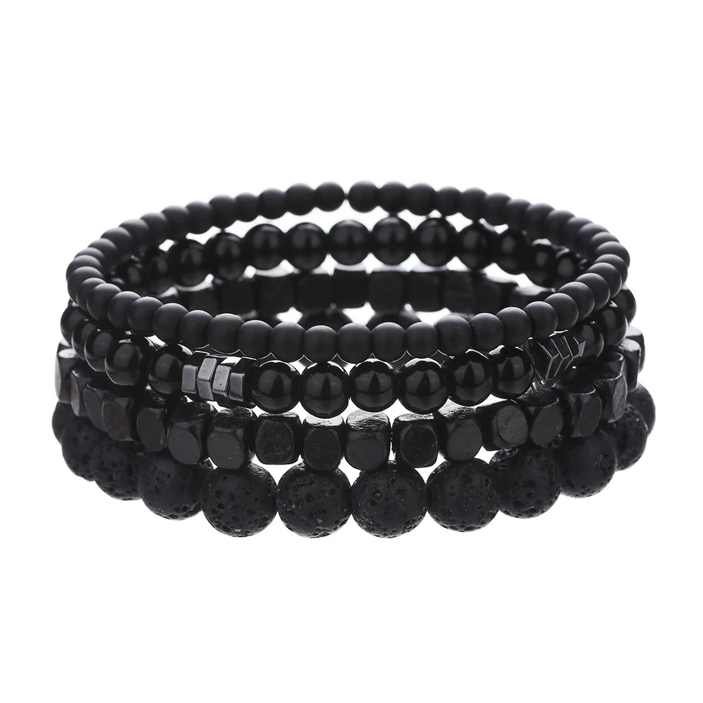 4PC Volcano Stone Black Gallstone Beaded Bracelets for Men Trendy Fashion Lava Wood Beads Bracelet Set Combination Hip Hop Gifts