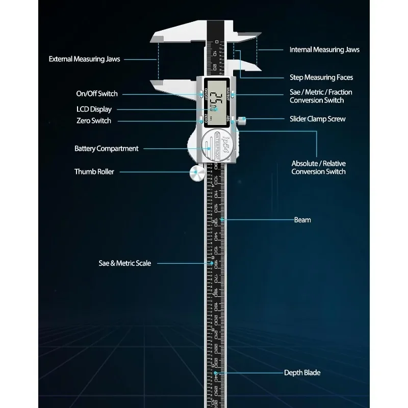 Digitale schuifmaat 12 inch, (ABS) Absolute Scale Caliper, IP54 schuifmaat meetinstrument, Inch/MM/Fractie