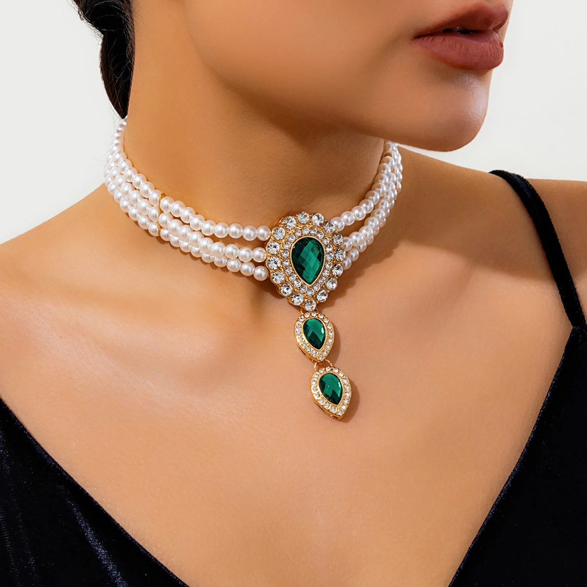 IngeSight.Z Vintage Multi-layer Imitation Pearl Beaded Choker Necklace Women Luxury Green Rhinestone Droplet Long Necklace