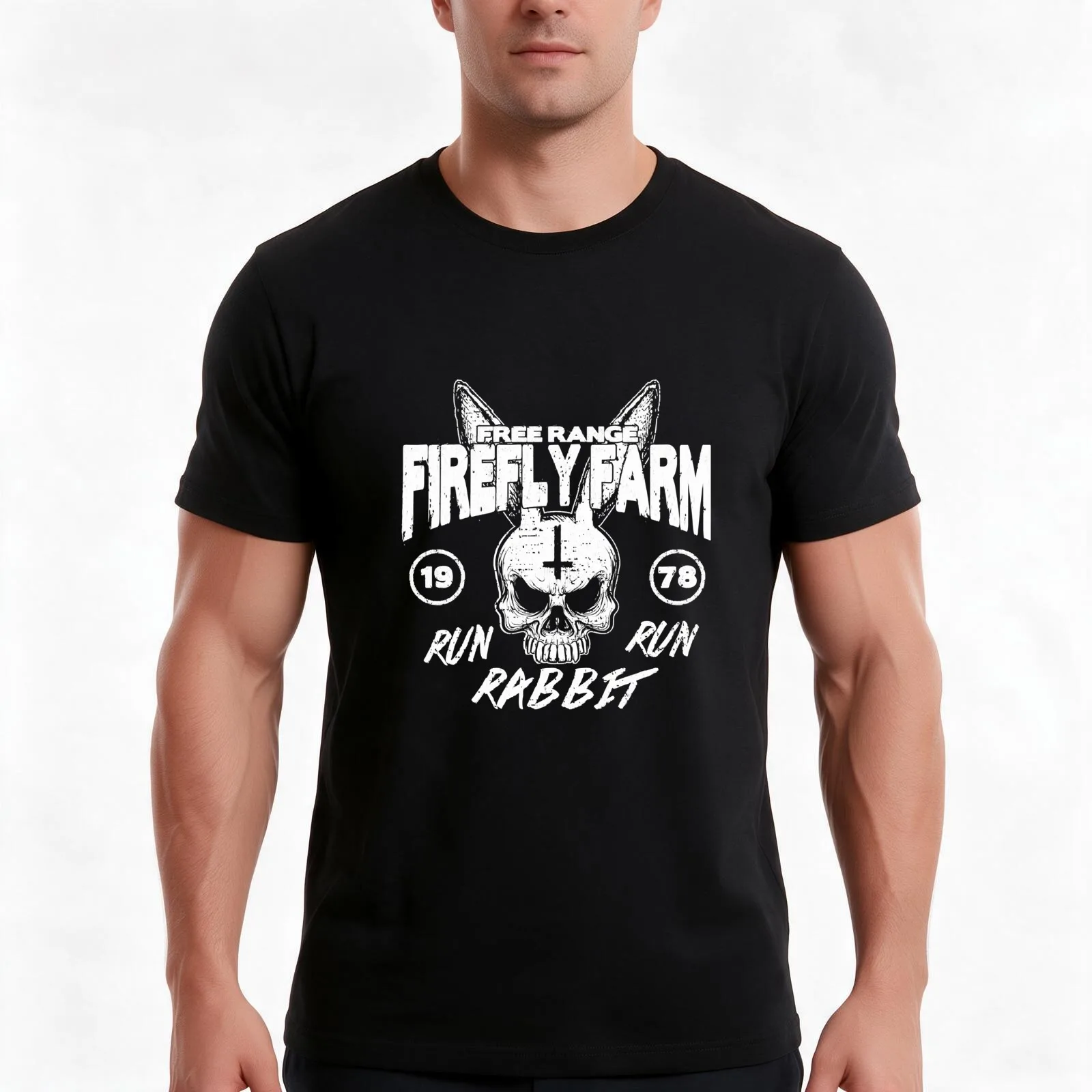 Firefly Farms run rabbit run Relaxed T-Shirt, Summer Casual Cotton Tee, Oversized Streetwear Tops, Vintage Graphic Print