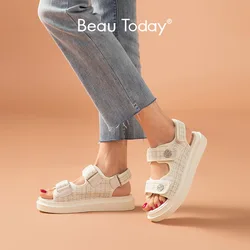 BeauToday-Sandalias de plataforma de celosía para mujer, zapatos informales de tela a cuadros con gancho de punta redonda, hechos a mano, para verano, 38161