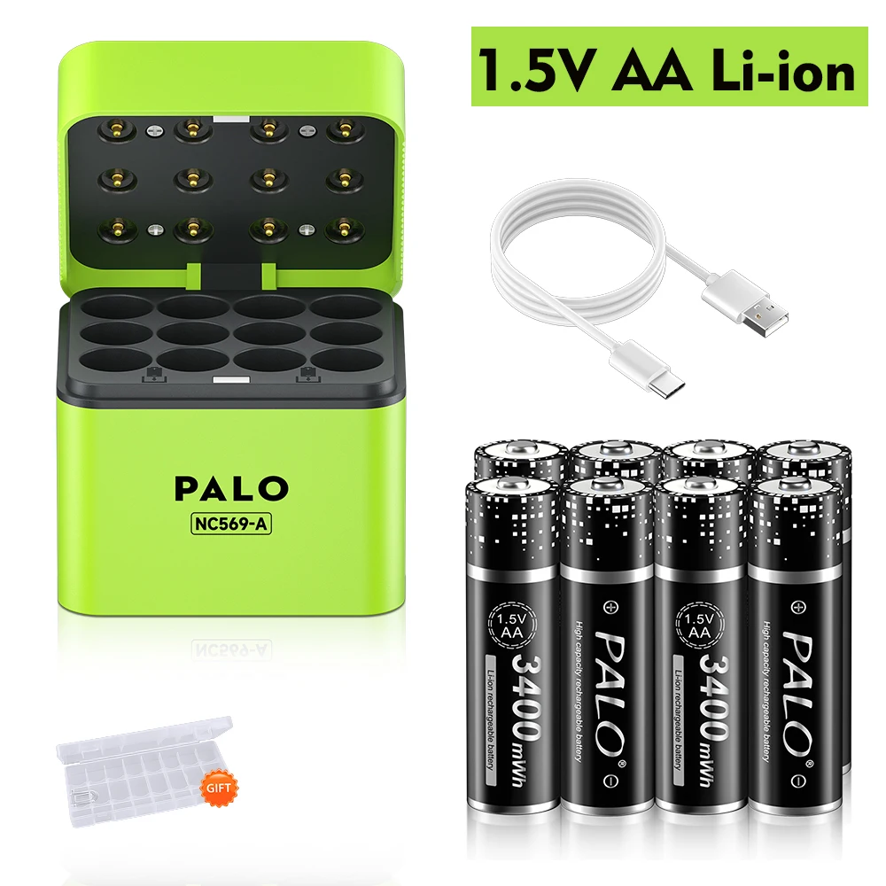 PALO Lithium ion AA Rechargeable 1.5V Battery 3400mWh Li-ion aa Battery with 12 Slots USB Charger Fast Charging Case for 1.5V 2A