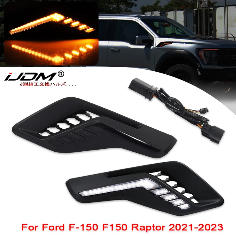 2pc Front Fender Hood Side Marker Light Amber Flash Signal/DRL Lamp For Ford F-150 F150 Raptor R Crew Cab 2021-2023 Pickup Truck