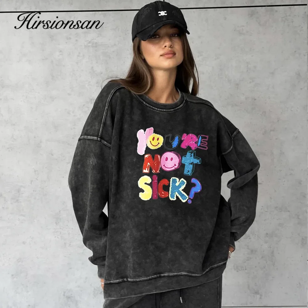 Hirsionsan Retro Washed Long Sleeve Women sweatshirt Loose Oversized Streetwear Print Pullovers Autumn Female Cotton Couple Tops