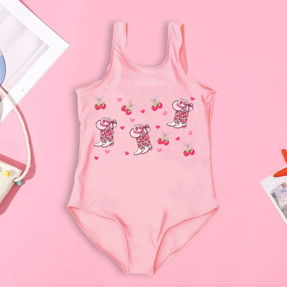 Fashion Cute Strawberry Pattern Print Child Swimsuit Cute Beach Kids One Piece Swimsuits Set Casual Girls Summer Clothing