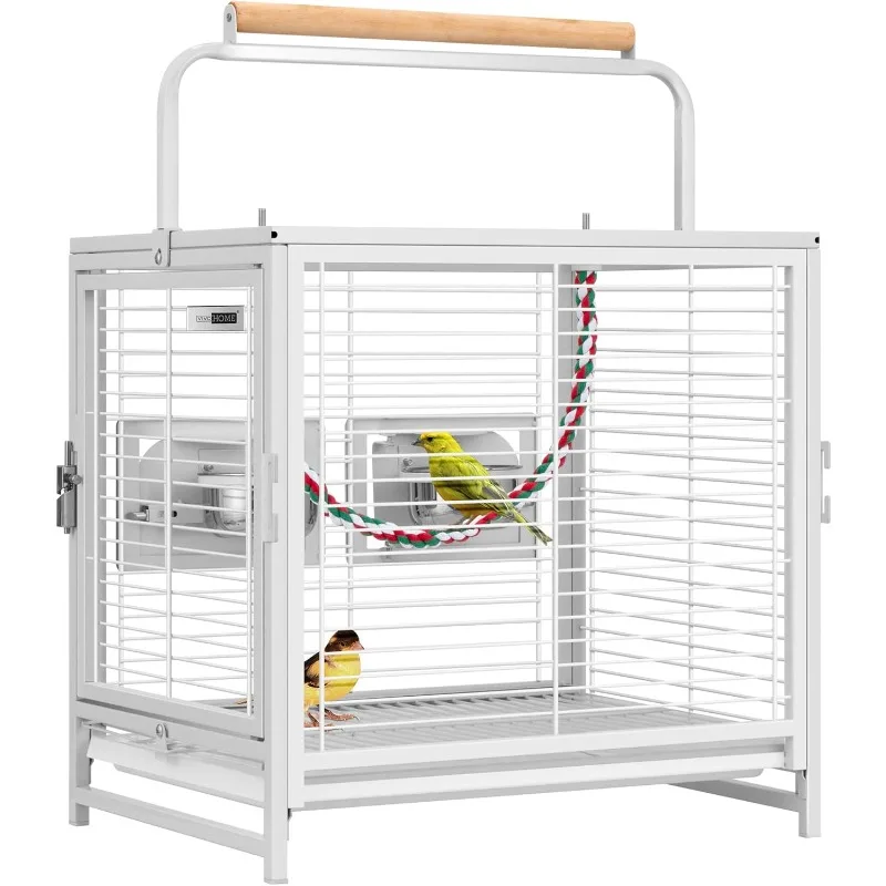 19 Inch Wrought Iron Bird Travel Carrier Cage for Parrots Conures Lovebird Cockatiel Parakeets White