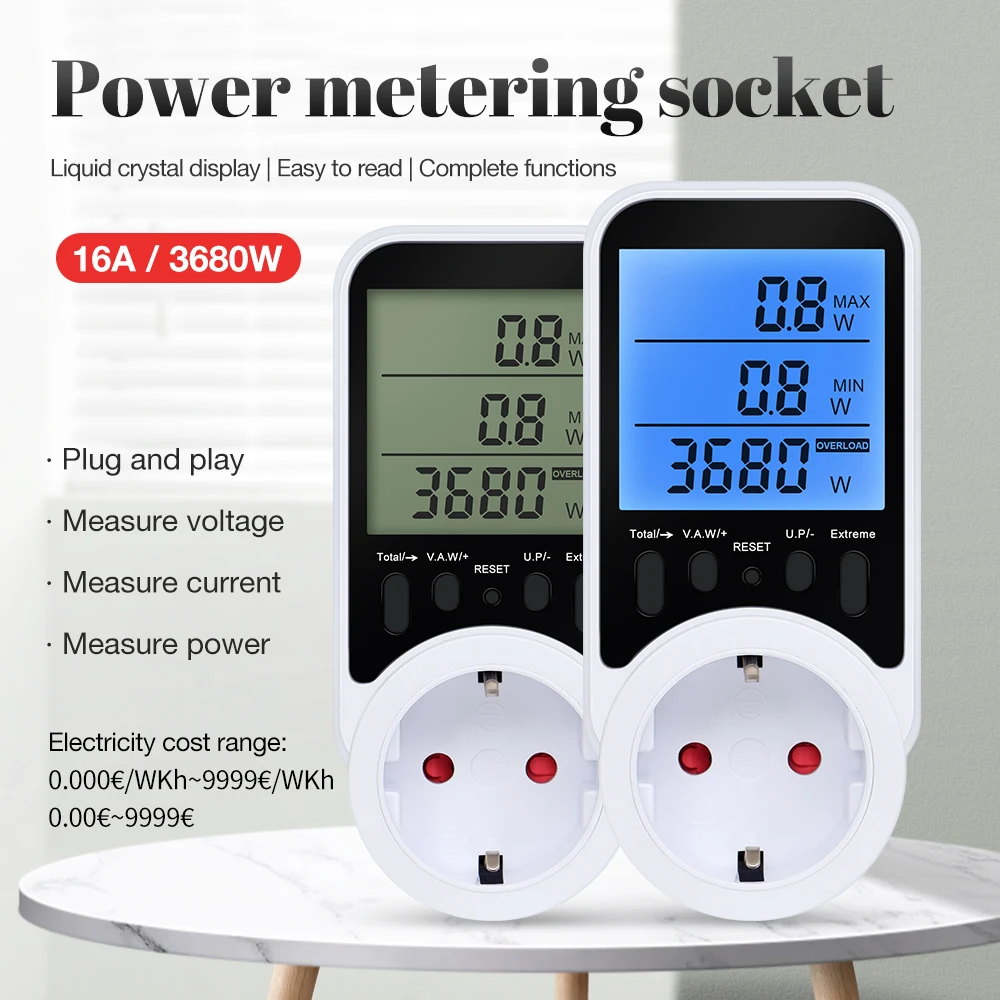 AC Power Meter Socket Electric Energy Monitor LCD Display Electricity Billing Plug KWH Voltage Current Tester Overload Protector