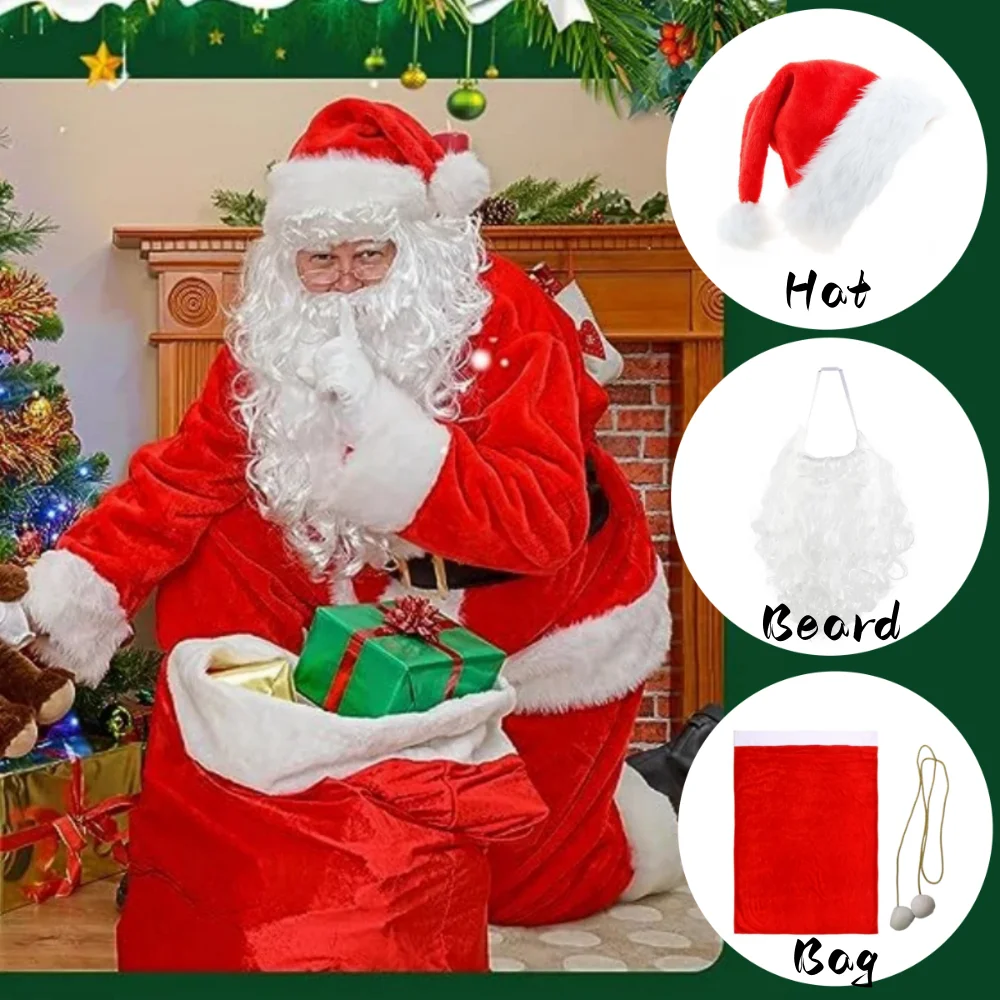 

Christmas Dress-Up Props, 40cm Long Beard ,Velvet Hat, Velvet Storage Bag, Santa Claus Cosplay Costume, Party Props Decorations