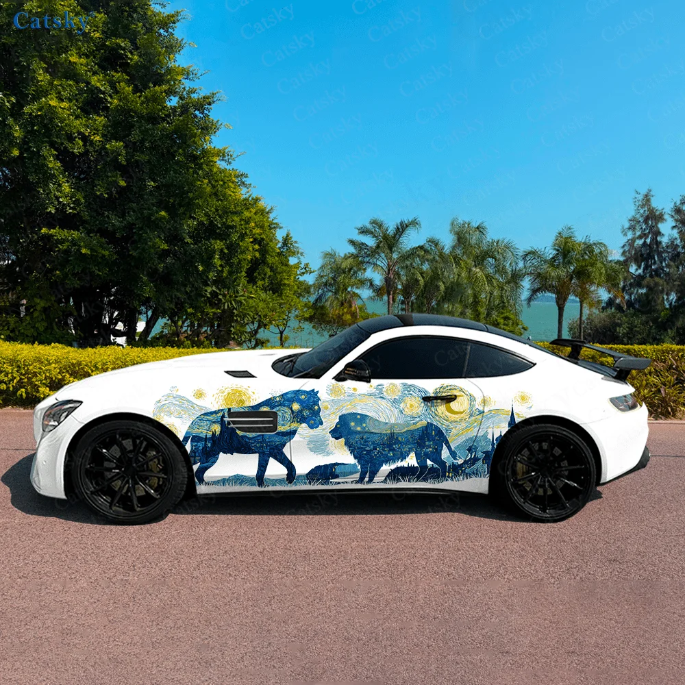 

Звездное небо, силуэт животного, автомобильные виниловые наклейки, самоклеящаяся наклейка из ПВХ, подходит для грузовиков, внедорожников, декор, автоаксессуары, подарок