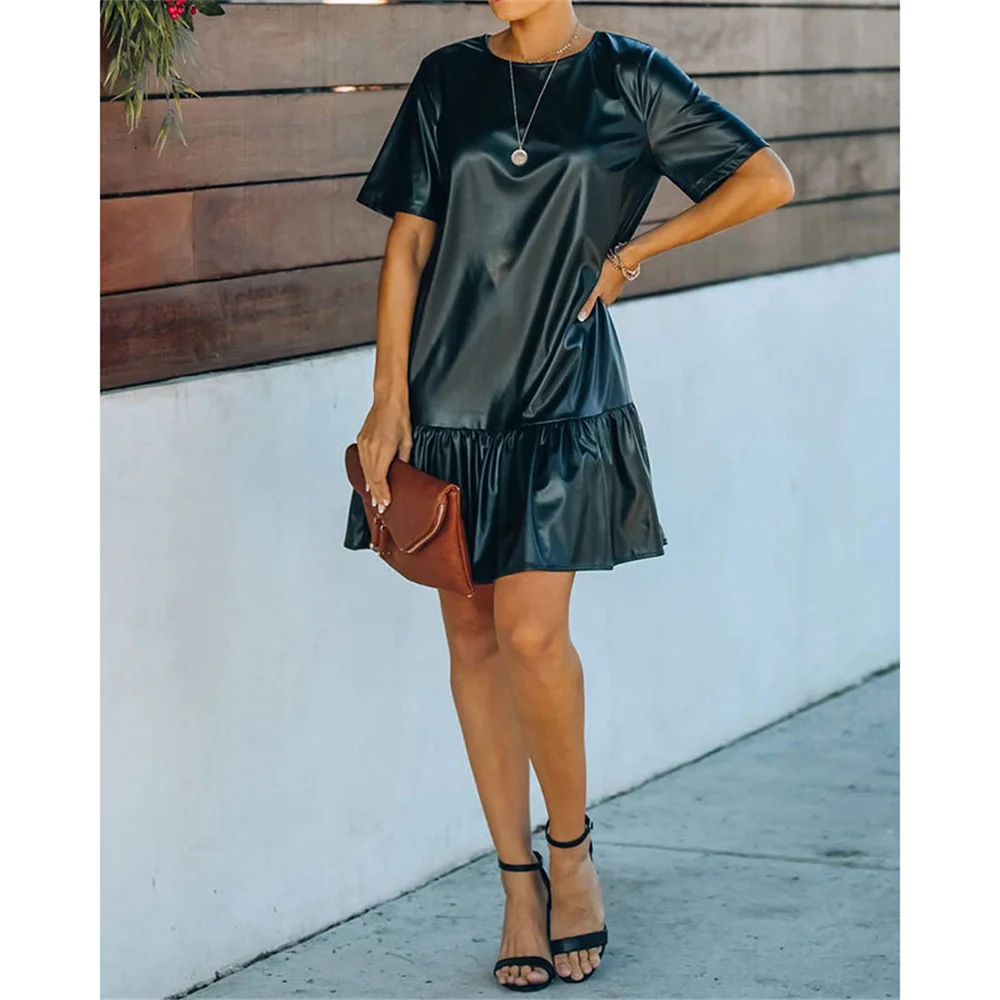 2022 Women's Black Faux PU Leather Dress Short Sleeve Loose Ruffle Elegant Mini Dresses Fashion Office Lady Clothing Vestidos