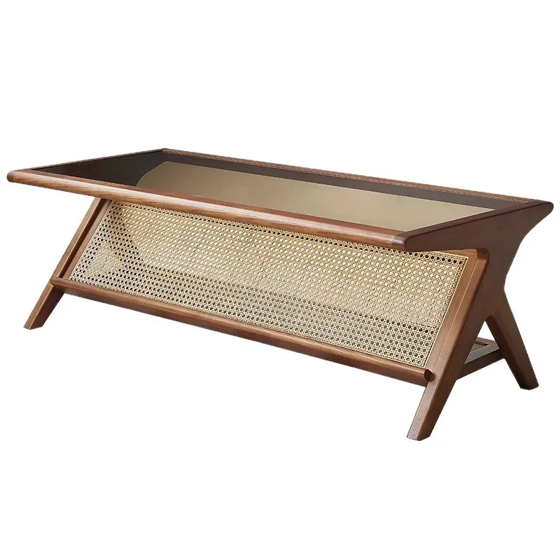 

French retro coffee table solid wood rattan living room household dining table dual-purpose glass rectangular simple modern smal