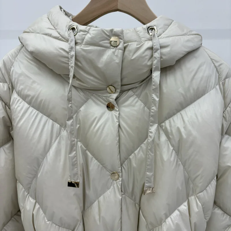 Schinteon Women White Duck Down X-Long Jacket Autumn Winter Warm Office Lady Outwear with Hood Belt Argyle Fashionable Coat 2025