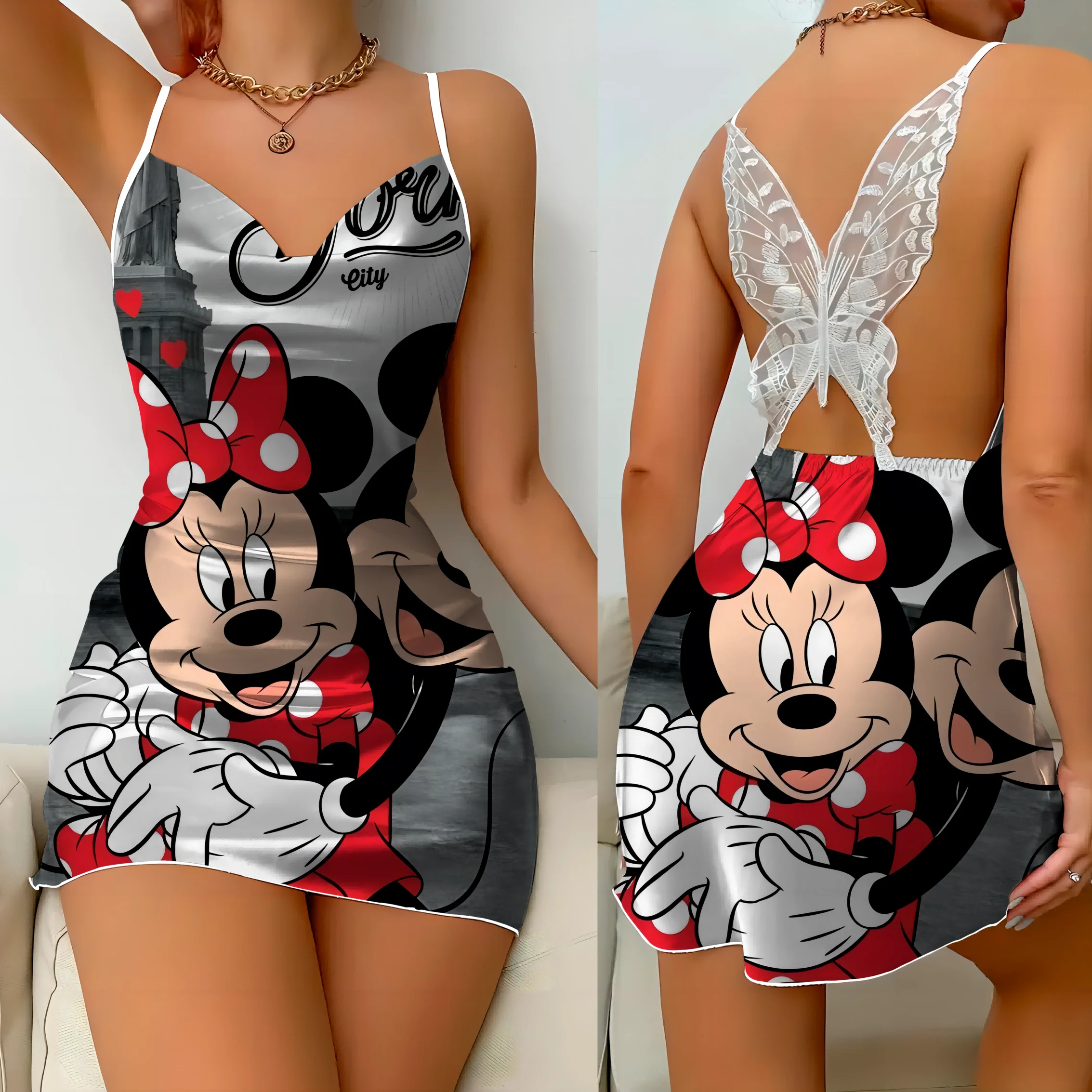 Sukienka bez pleców z kokardą Seksowne sukienki Mickey Disney Minnie Mouse Piżama Spódnica Satynowa powierzchnia Moda damska Lato 2024 Impreza Mini