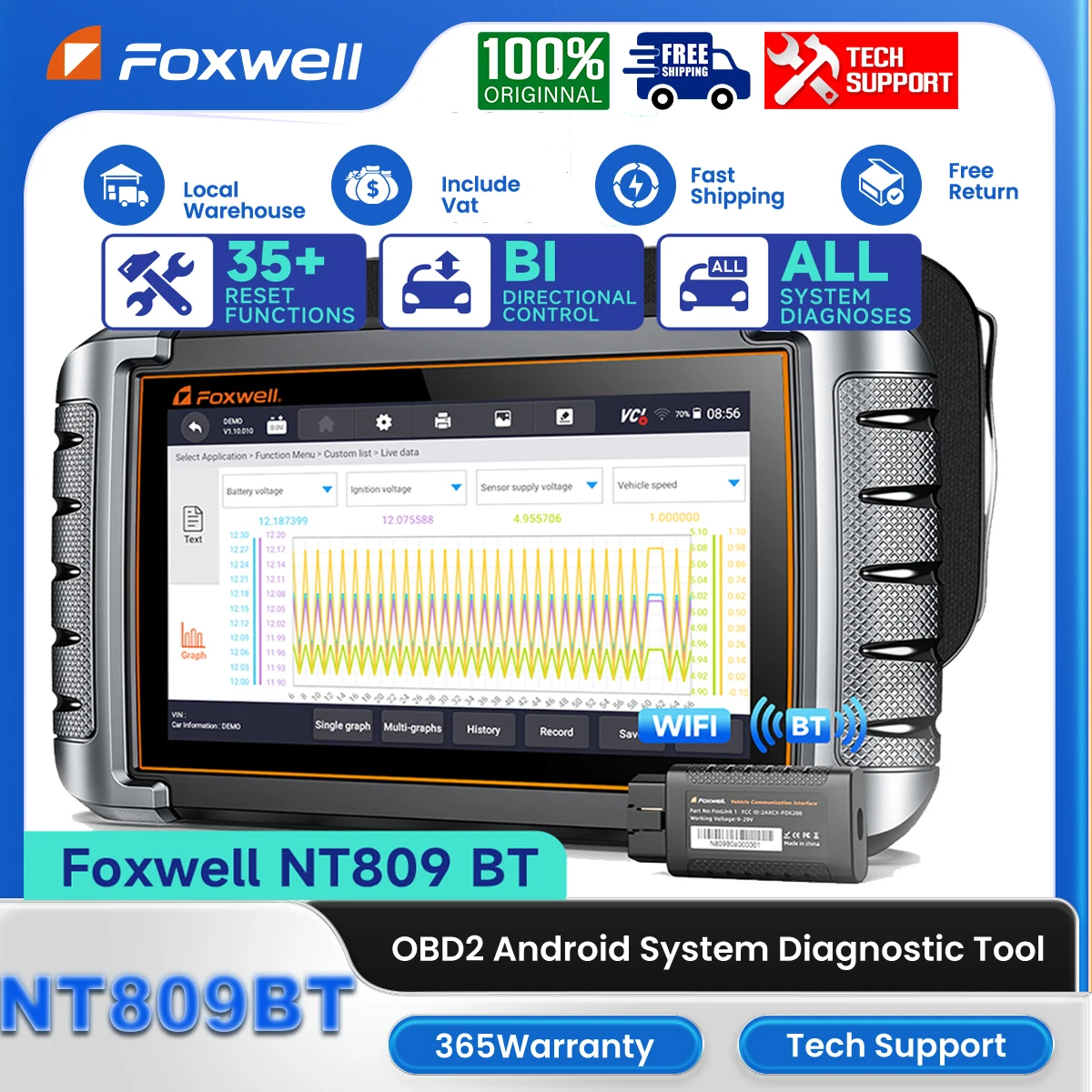 FOXWELL NT809BT OBD2 All System Scanner Diagnostic Tool Bluetooth Bi-Directional Control A/F TPMS 30 Reset Auto Analyer PK NT809