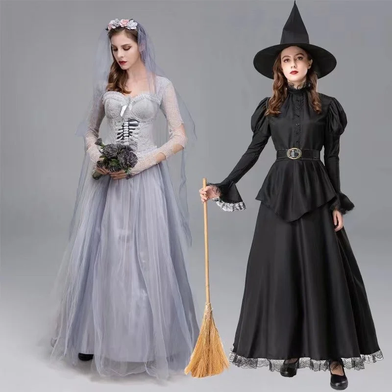 Disfraz de Bruja de Halloween, Vestido para Actuación, Maquillaje, Baile, Traje Medieval de Cuento de Hadas para Actuación Escénica, Moda Femenina