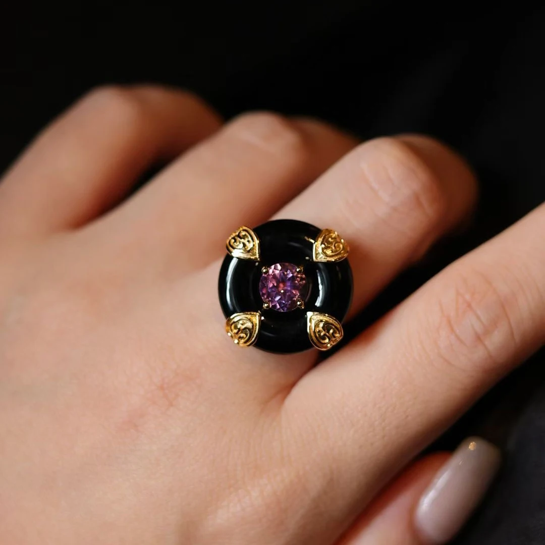 

Кольцо из стерлингового серебра 925 пробы с натуральным черным агатом и аметистом, женские ювелирные изделия, роскошные серьги, круглое кольцо для свиданий, высокое качество