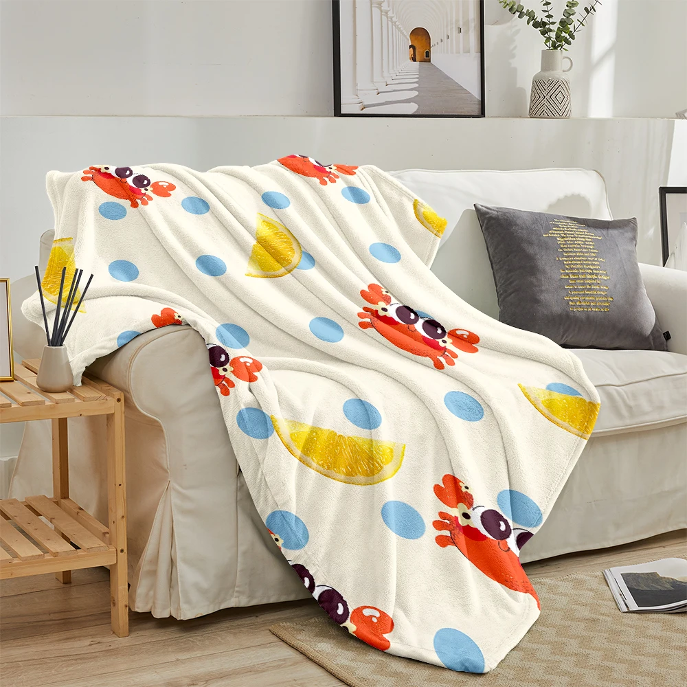 Cream Dots Crab Lemon Flannel Blanket Cartoon Printed Throw Blanket for Kids Adults Soft Plush Bed Sofa Cover Gift