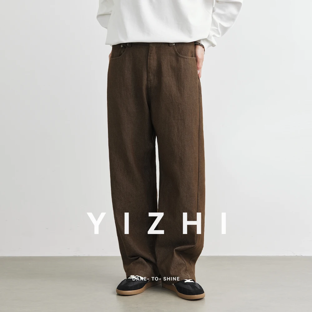 Men's Wear New Coffee Casual Pants Autumn Loose Simple 2025 Vintage Wide Leg Male Jeans Korean Fashion Men Clothing