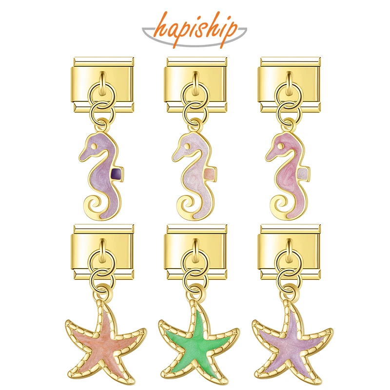 Hapiship 2025 Women Sea Horse Dolphin Starfish Italian Charms Fit 9mm Stainless Steel Bracelet Jewelry DJ1874