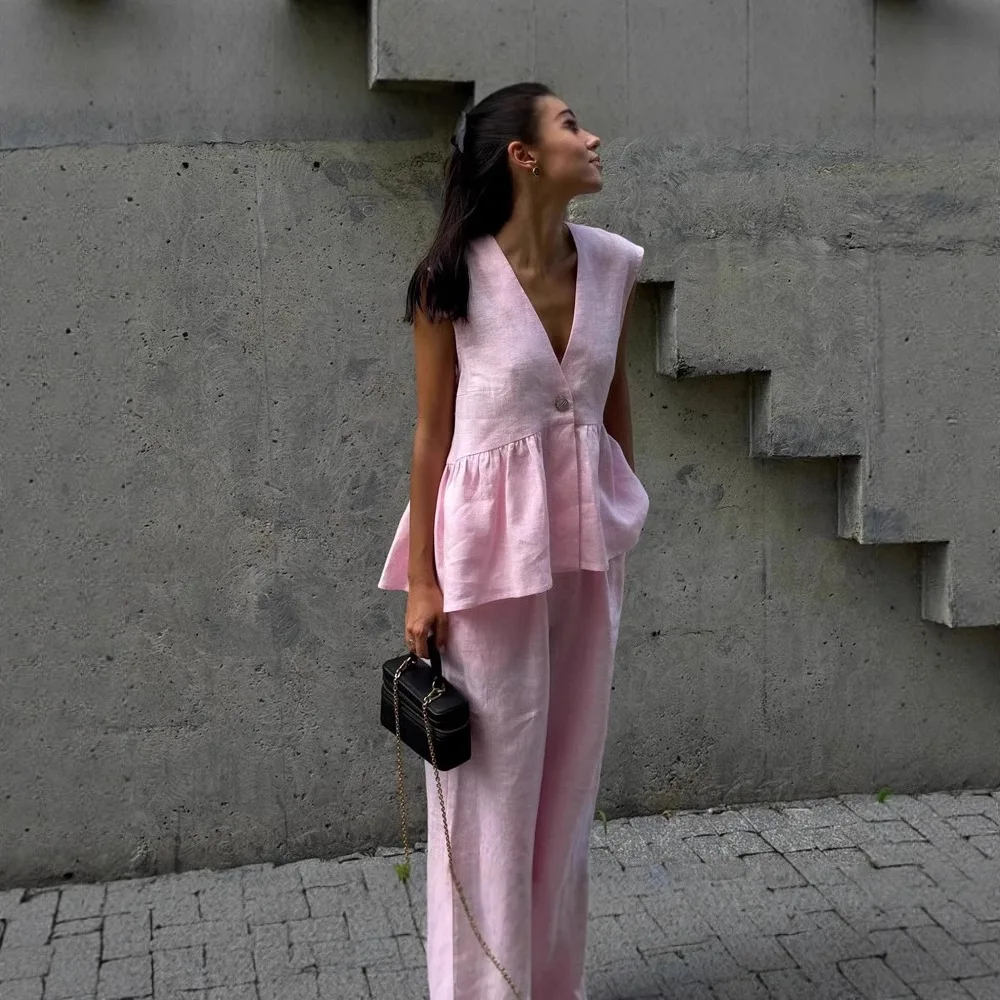

Fashion Pink 2 Piece Set Women Summer Chic Elegant Outfit Single Breasted Sleeveless Ruffles Tank Top Loose Wide-leg Pants Sets