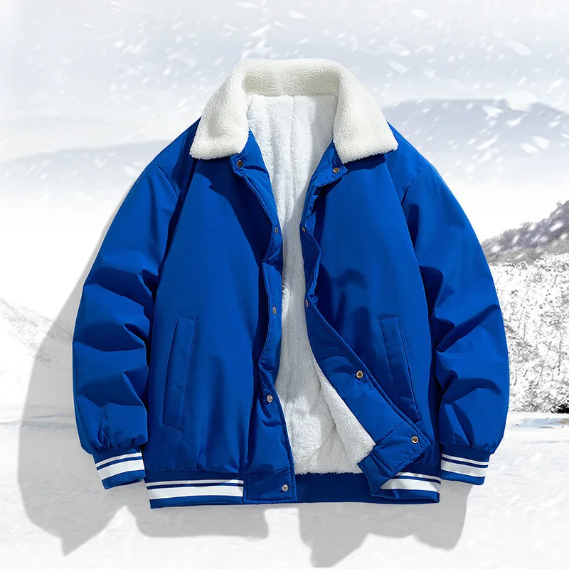 Man Down Jacket Winter New Thicken Fleece Contrast Color Turn Down Collar Male Outerwear Single-breasted Long Sleeve Men Coat