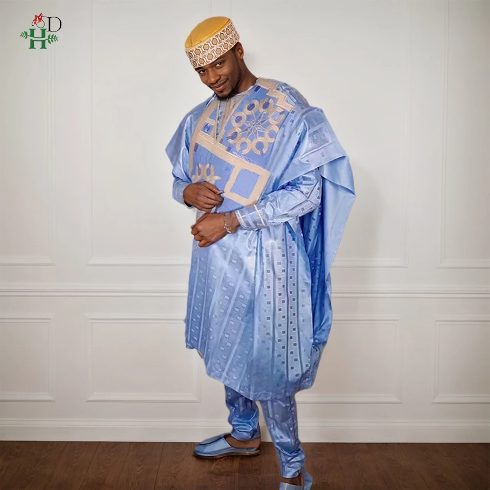 

H & D африканский традиционный мусульманский Рамадан с вышивкой для свадебной вечеринки Thobe Bazin Riche наряды 3 шт. халат костюм без кепки для мужчин Agbada