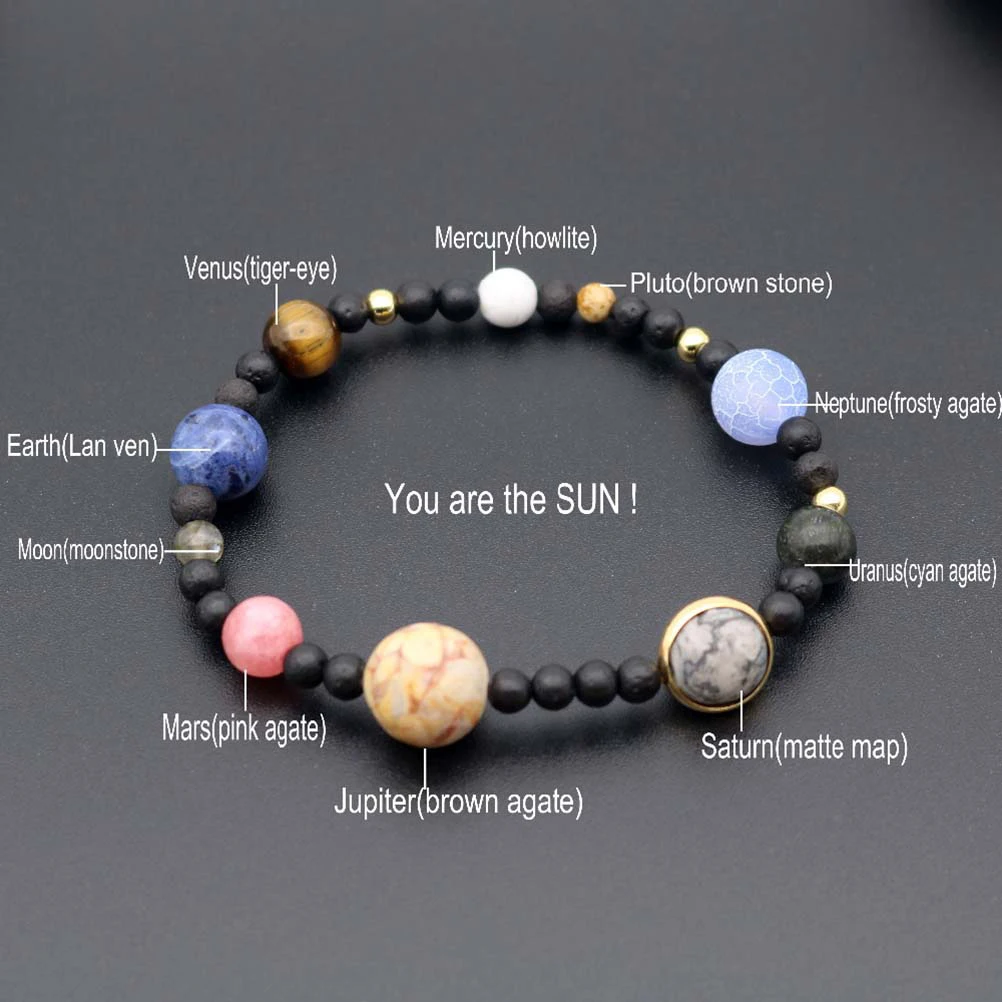 

2pcs Natural Stone Bracelets Eight Planets Design Beads Elastic Bangles Ethnic Style Unisex Men Women Gifts Birthday Wedding