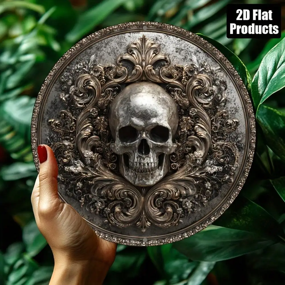Skeleton 8x8 Inch Metal Sign, 2D Flat Circular Aluminum Plaque for Halloween Bar Outdoor Wall Art Room Decoration Home Decor