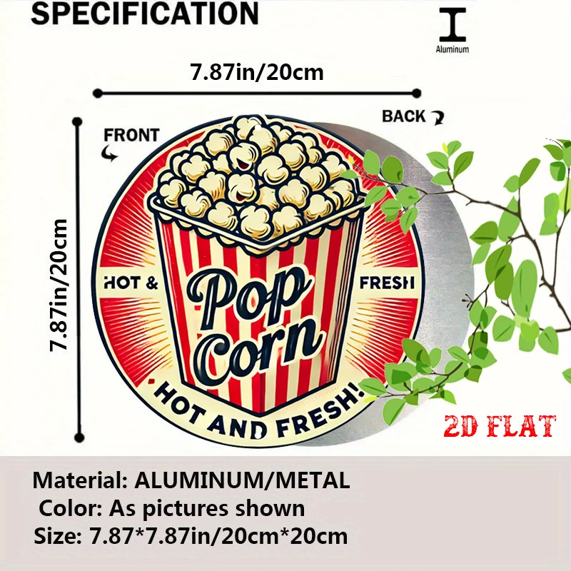 2D Flat - One-Piece Flat 2D Sign, Round Cinema-Themed Metal Sign, 7.8X7.8-Inch Popcorn Sign - Rustic Wall Art for Snack Time, Su