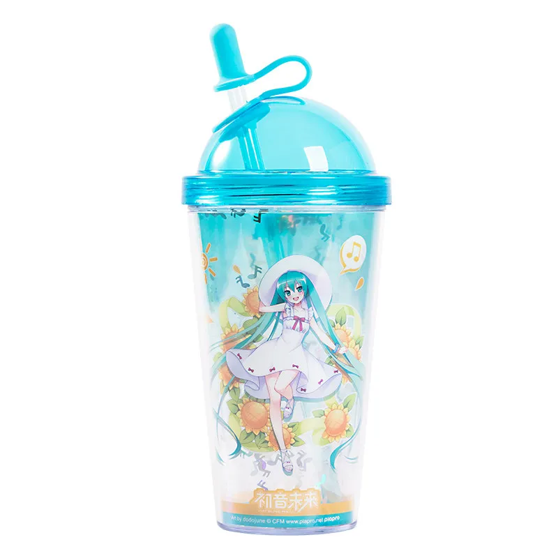初音ミク-プラスチック二重壁断熱ストローカップ-大容量-夏用ドリンクカップ-携帯用トラベルアニメグッズ-ウォーターボトル