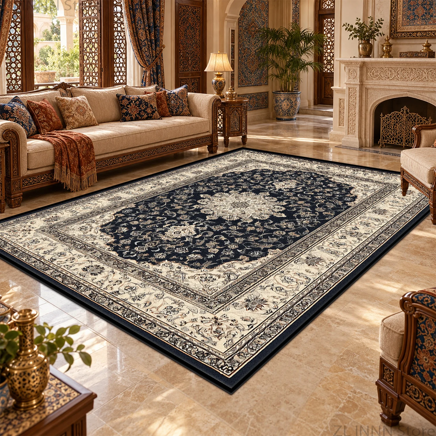 Vintage Floral Border Persian Large Rug Blue Oriental Living Room Carpet Non-Slip Washable Soft Floor Mat for Room Home Decor