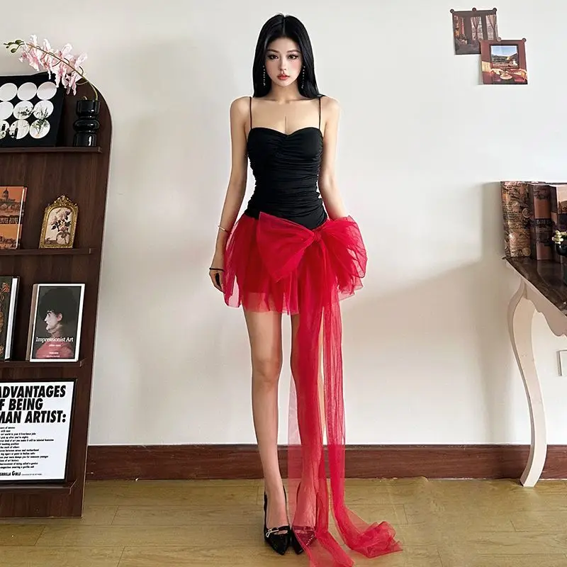 Korejepo French Sexy Dresses Ballet Stack Pleated Contrasting Mesh Bow Streamer Suspender Dress Women Goddess Gentle Vestido