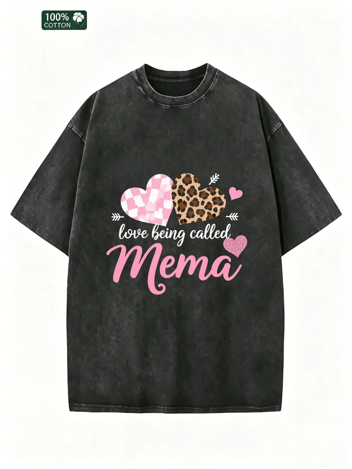 Men's Faded Acid-Washed Black T-Shirt - Oversized Drop-Shoulder T-Shirt with Heart Pattern, Known as Mema Design, Soft and Breathable Summer Casual Fashion Top, Trendy Streetwear Gift