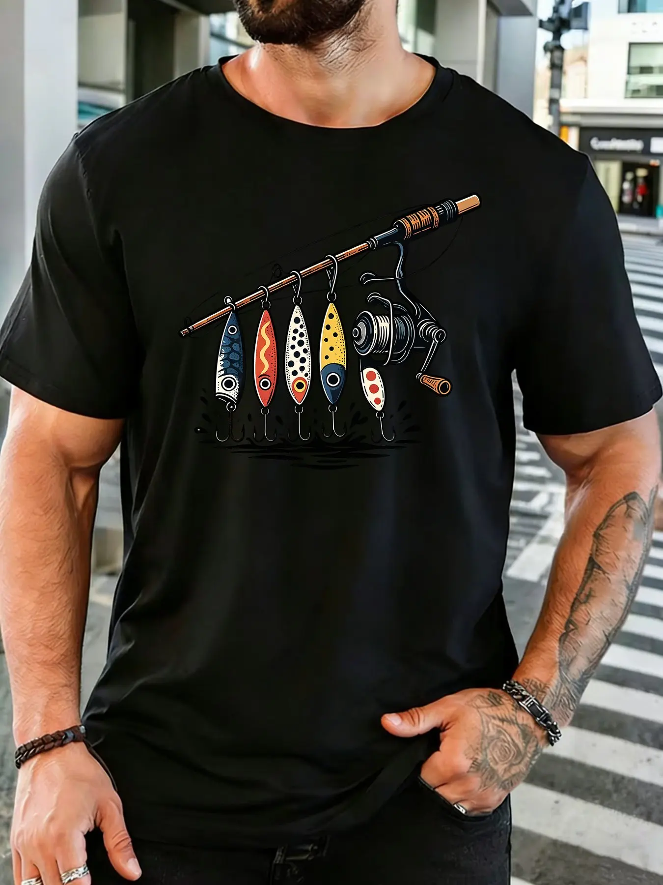 Vintage Fishing Rod Lures Reel Graphic Mens Soft Cotton Short Sleeve Tshirt Loose Outdoor Angler Casual Daily Street Wear Tee