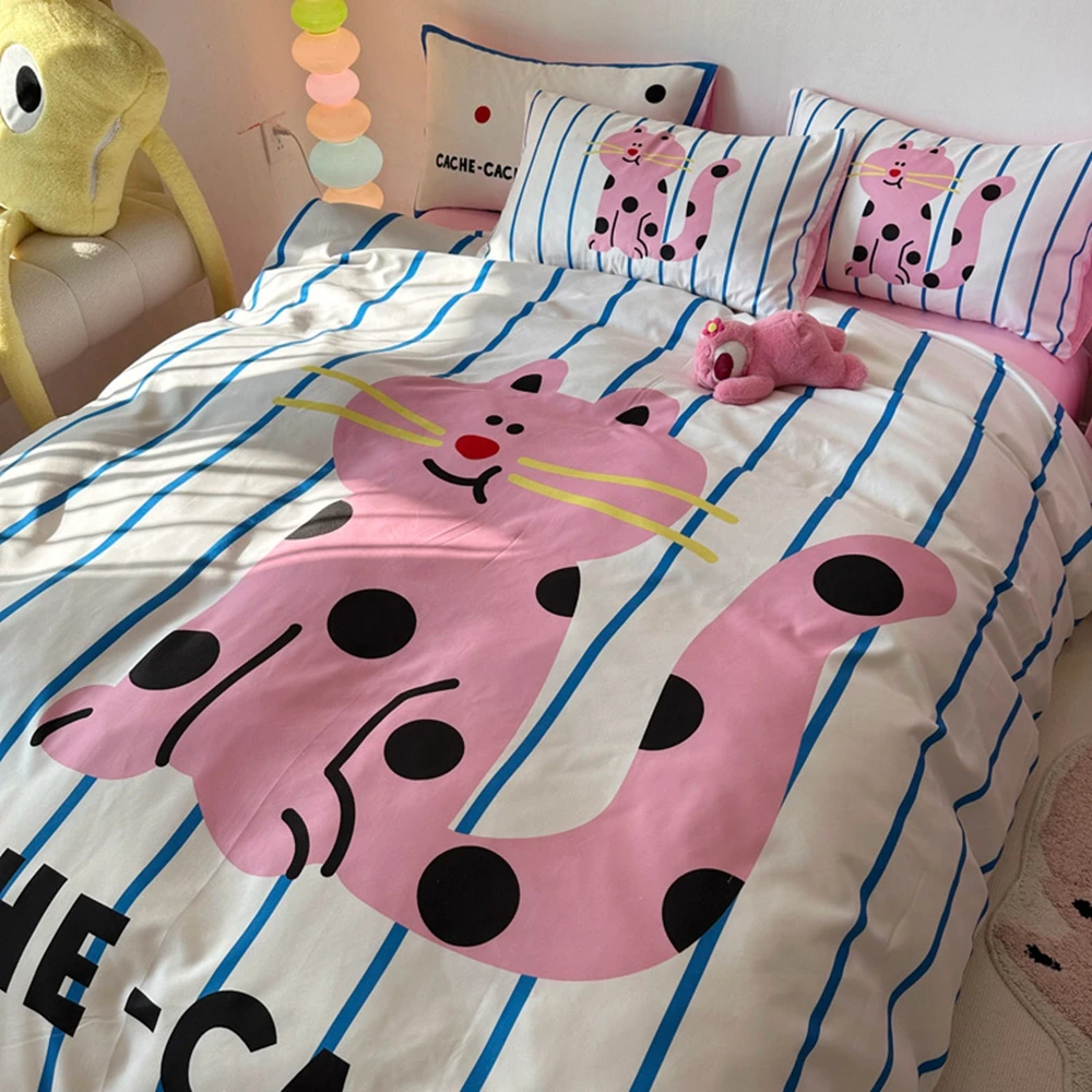 

INS Bedding Comforter sets Pink Cat Duvet Cover bedsheets set with pillows case Bedding Linens Set for Double/Queen Cover Set