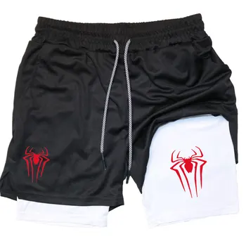 Y2k desempenho shorts masculino aranha impresso ginásio casual esportes compressão shorts treino correndo malha 2 em 1 esporte calças curtas