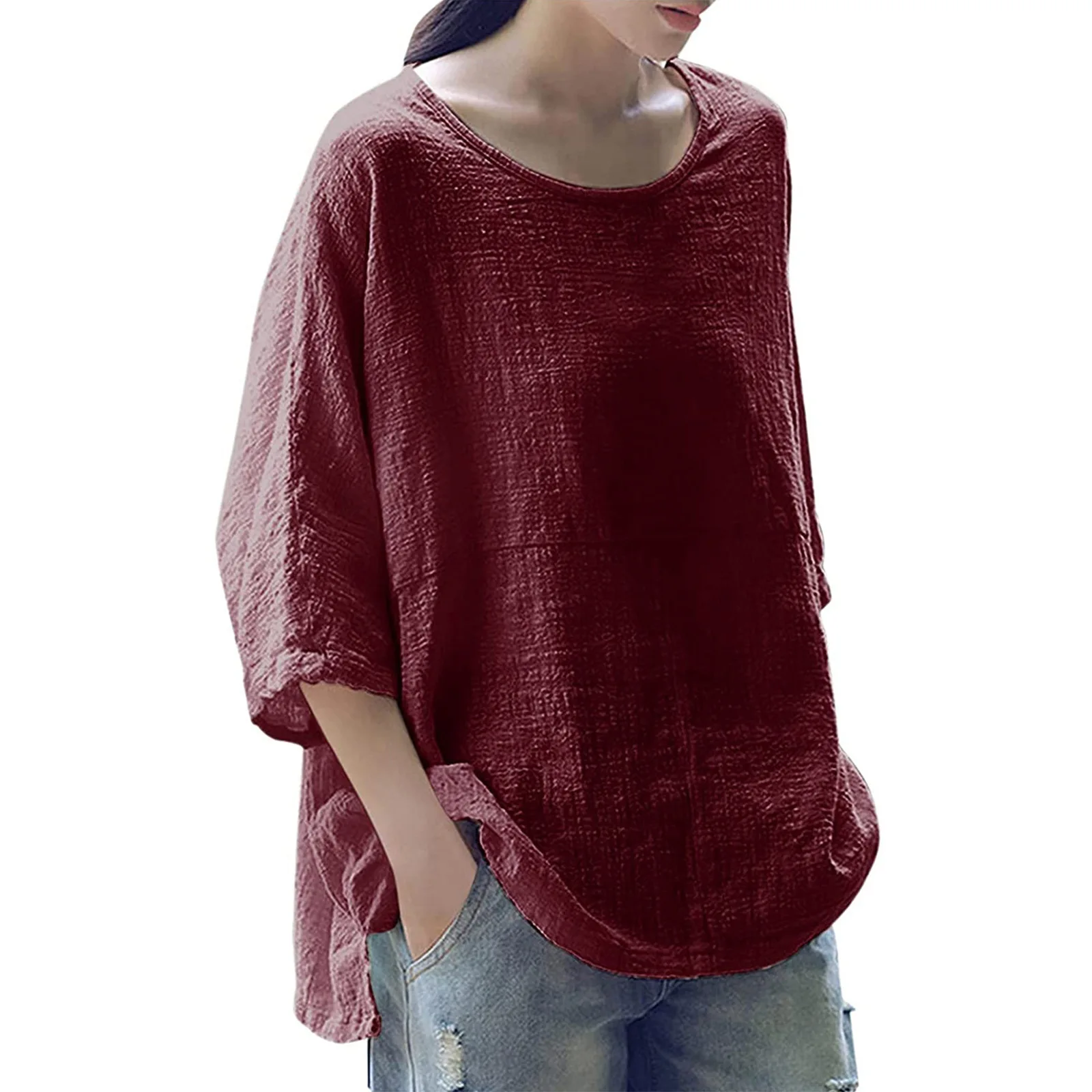 Summer Plus Size S-5XL New Casual Loose Wild Seven-Minute Sleeve Blouse Top Round Neck Solid Color T-Shirt Women