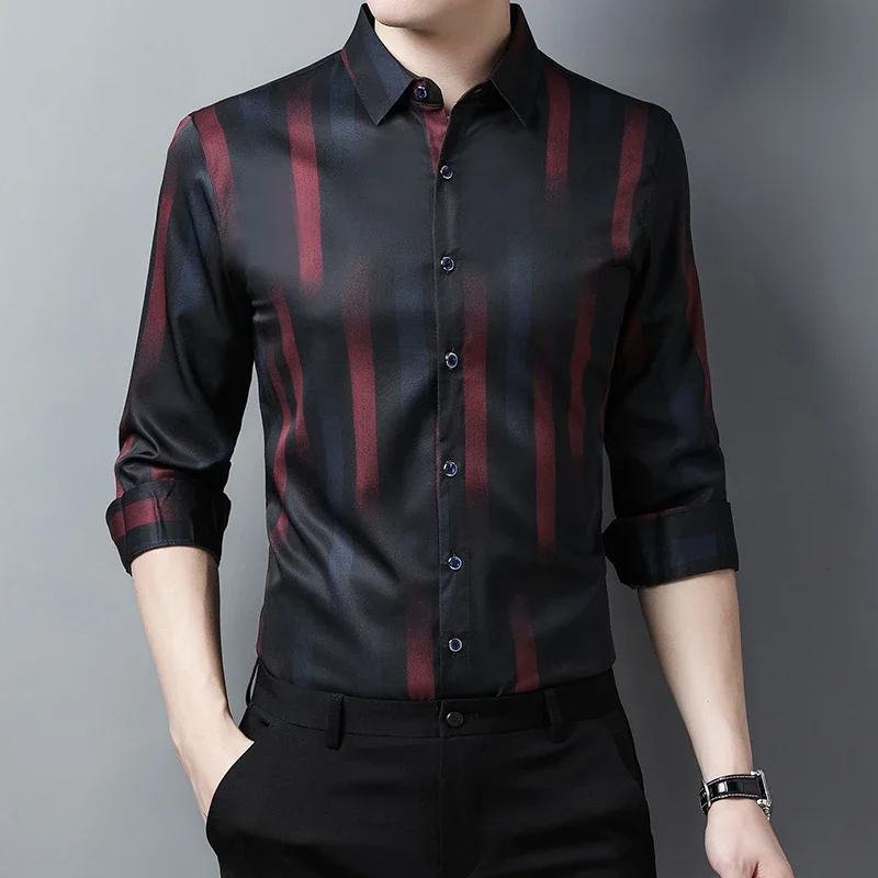 New Men\'s Casual Printed Long Sleeved Lapel Shirt for Spring and Autumn Fashion Comfortable Wrinkle Free Top Without Ironing