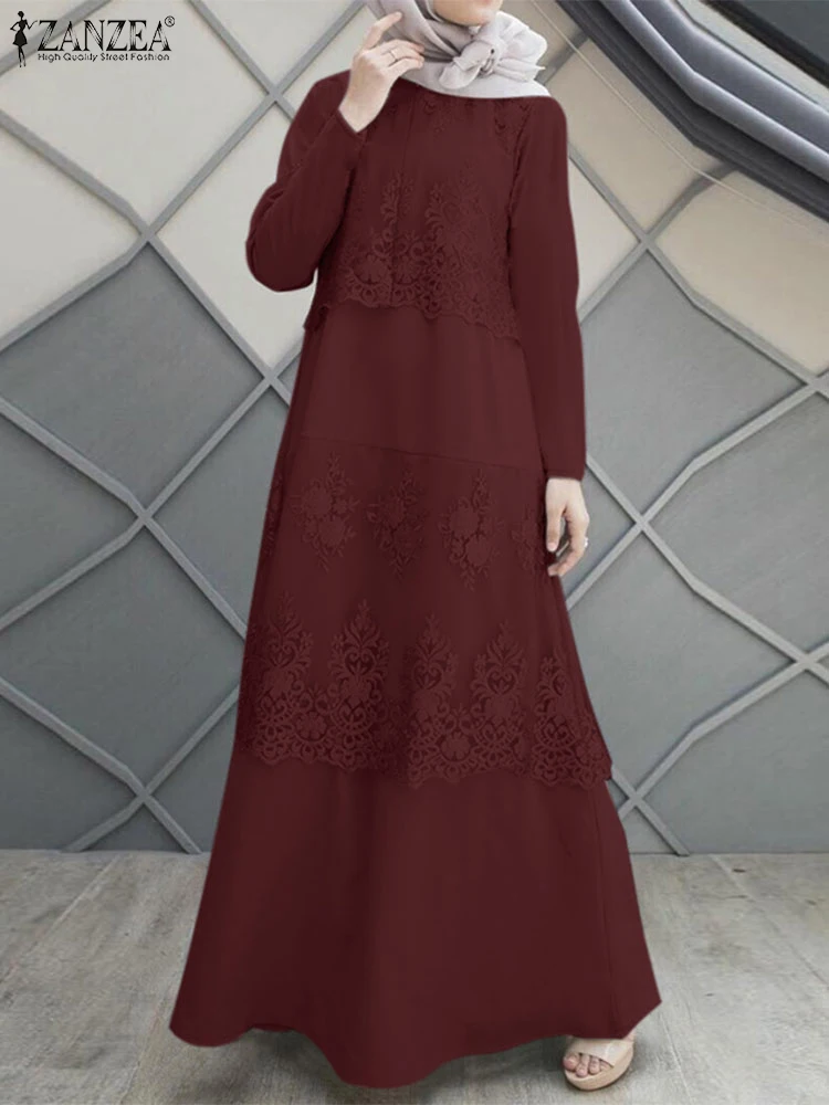 ZANZEA Hijab cuello redondo moda Maxi vestido mujeres islámico elegante encaje superposición Abaya bata sólida manga larga musulmana A-line Vestidos