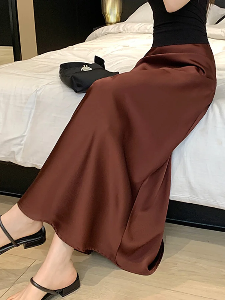 Wine Red Ruffled Skirt 2024 Summer New High Waist Slimming French Elegant Vintage Satin Hip Fishtail Long Skirts Solid Color