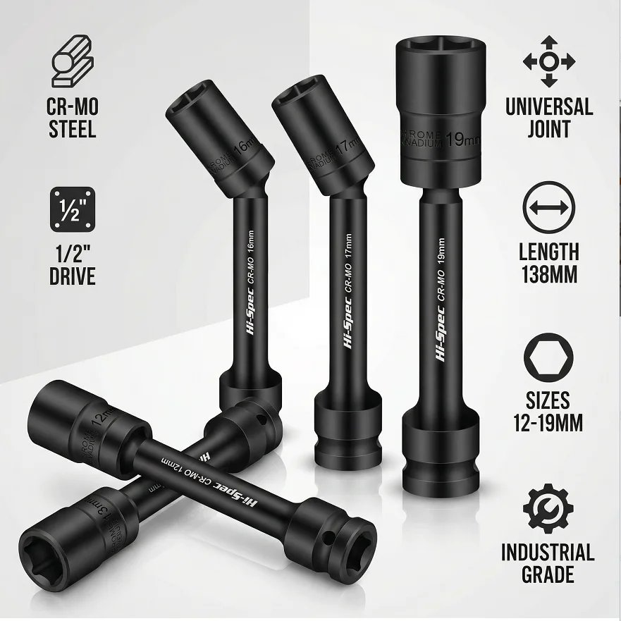 Hi-Spec Universal-Gelenkwellen-Set 1/2 Zoll Antrieb 360-Grad-Drehadapter, Hochdrehmoment CR-MO Stahl Kfz-Handwerkzeug