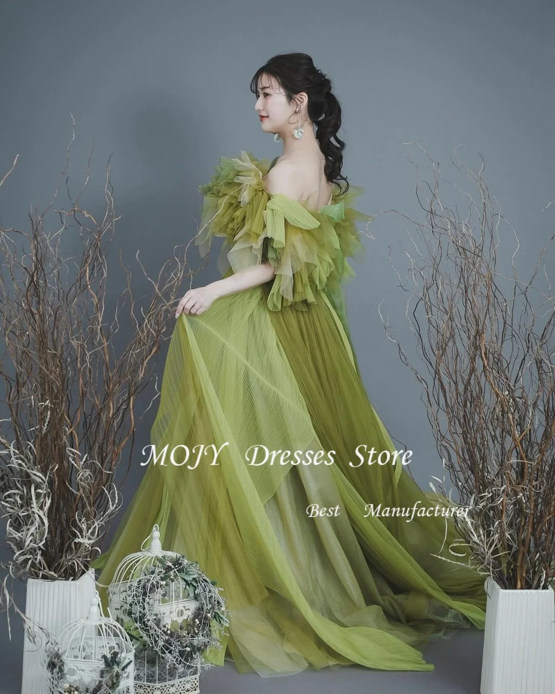 Mojy Elegant Off Shoulder Green Evening Dresses Korea Photo shoot A Line Garden Wedding Gowns Korea Customized ウェディングドレ