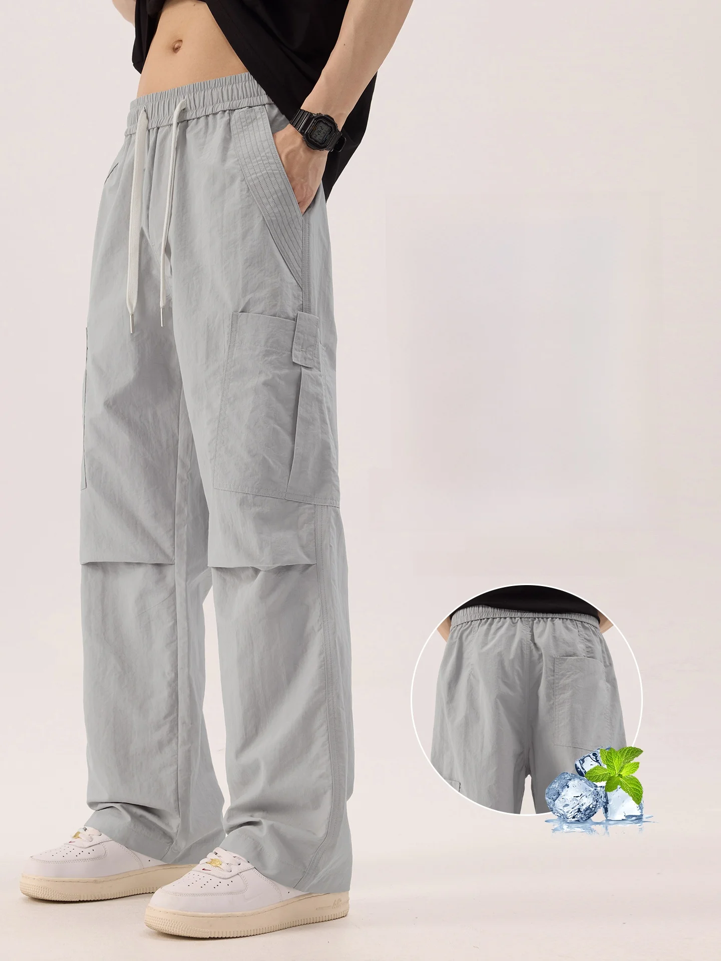 

Ice Silk Men's Casual Pants Summer Thin Straight Loose Drape Qui Dry Workwear Long Trousers Faionable Youth Active Sle