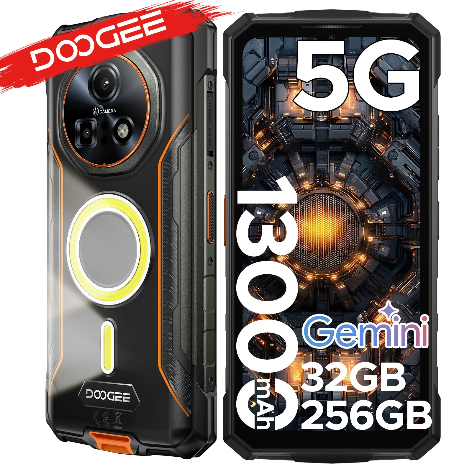 DOOGEE Fire 7 Pro 5G Rugged Phone Dual Camping Lights 1200LM Support PoC 13000mAh Battery 32GB(8+24) RAM 256GB ROM 6.6'' Display Android 15 Smartphones with Night version Camera