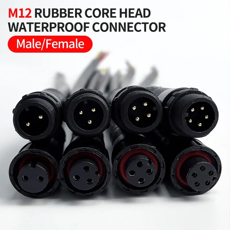 5/20Pcs M12 Waterproof 2 3 4 5 Pin IP67 Cable Wire Plug for LED Strips Male and Female 20cm Length Connector Rubber core head view 2